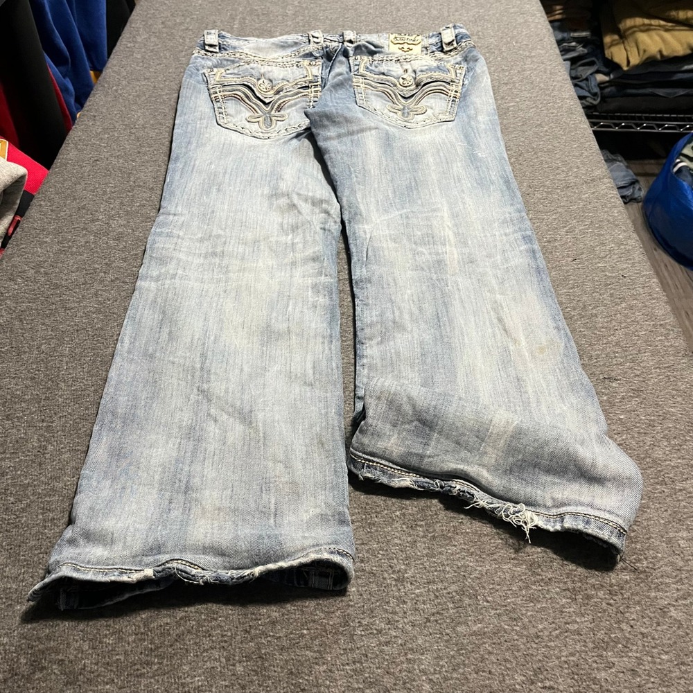 Rock Revival Jobe Boot Cut Jeans Mens 34x30 Light Wash Distressed Fleur De Lis